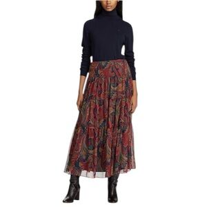 LRL Lauren Ralph Lauren Womens Paisley Tiered Peasant Maxi Skirt Size 14 Lined
